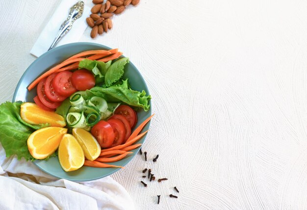 Bovenaanzicht van vers fruit en groentengezondheidszorg Evenwichtige voeding