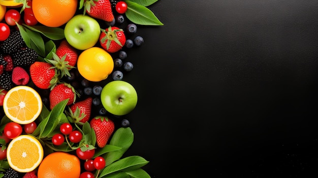 Bovenaanzicht van vers fruit, groenten en bessen op zwarte achtergrond
