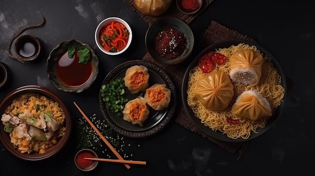 Bovenaanzicht van verschillende Aziatische gerechten