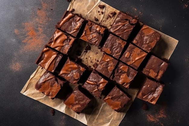 Bovenaanzicht van verschillende stukjes brownie in vierkanten gesneden generatieve ai