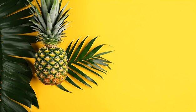 Bovenaanzicht van verse ananas met tropische bladeren op gele achtergrond genereren ai