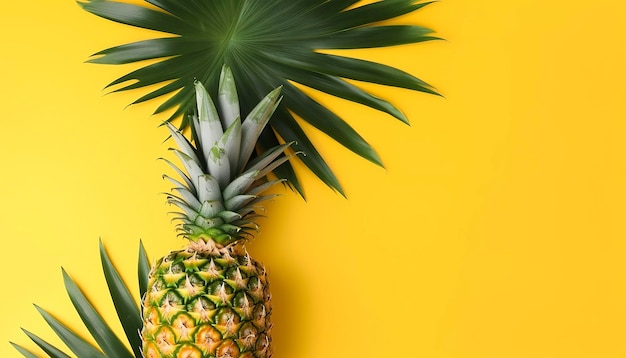 Bovenaanzicht van verse ananas met tropische bladeren op gele achtergrond genereren ai