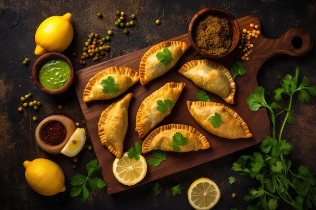 Foto bovenaanzicht van versgebakken empanadas met gouden schilferige korst en hartige vleesvulling