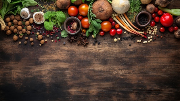 Bovenaanzicht van voedsel Rustieke houten tafel achtergrondingrediënten voor veganistische gerechten groenten wortel