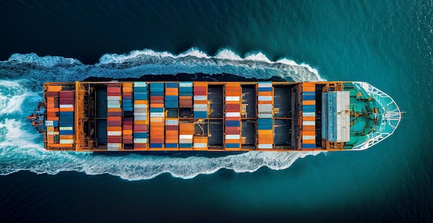 Bovenaanzicht van vrachtzeeschip met contrail in oceaanschip met container graandeal AI gegenereerd beeld