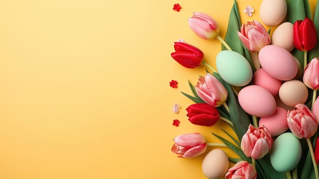 Bovenaanzicht van vrolijk Pasen met tulpen en decoratieve eieren