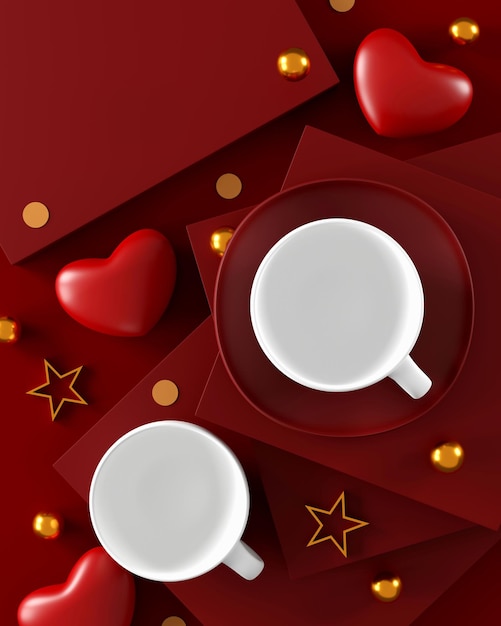 Bovenaanzicht van wit koffiekopje rood hart en kaart op rode achtergrond