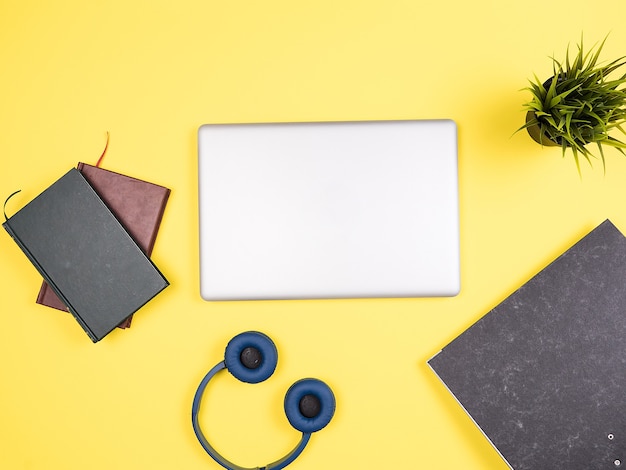 Bovenaanzicht van zakenman's laptop op geel bureau, pot met gras, boeken, koptelefoon