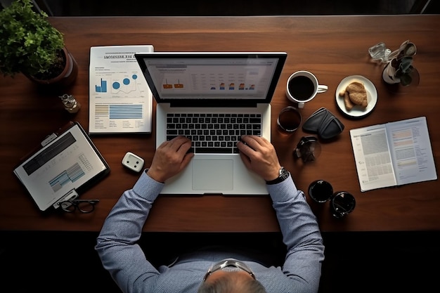 Bovenaanzicht van zakenman zittend op de werkplek met laptop en documenten en koffie