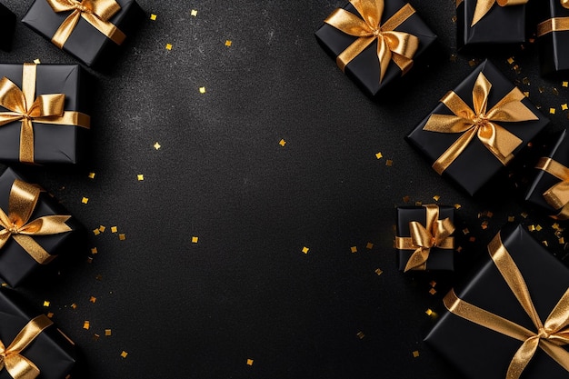 Bovenaanzicht van zwarte geschenkdozen met lint strik tag en gouden confetti op geïsoleerde zwarte achtergrond Co
