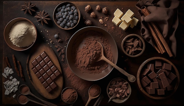 Bovenaanzicht vanuit de lucht of benodigdheden voor het maken van chocolade