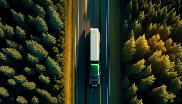 Bovenaanzicht vanuit de lucht van een enorme semi-vrachtwagen die op een snelweg rijdt Vrachtwagen rijdt op een asfaltweg in een groen bos Generatieve AI