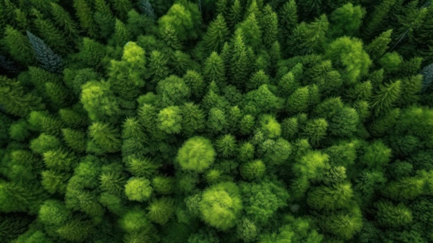 Bovenaanzicht vanuit de lucht van groene bomen in het bos Dennenbos van weelderige bomen Generatieve AI