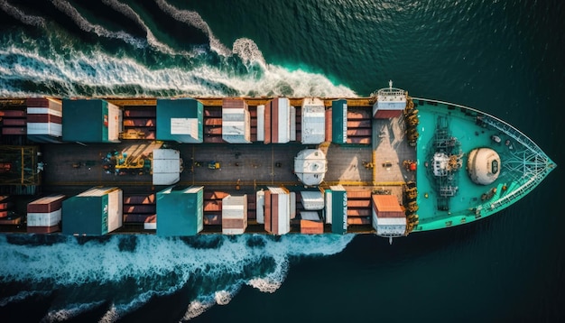 Bovenaanzicht vanuit de lucht van vrachtcontainerbedrijfsschip global express in de oceaan logistieke generatieve AI