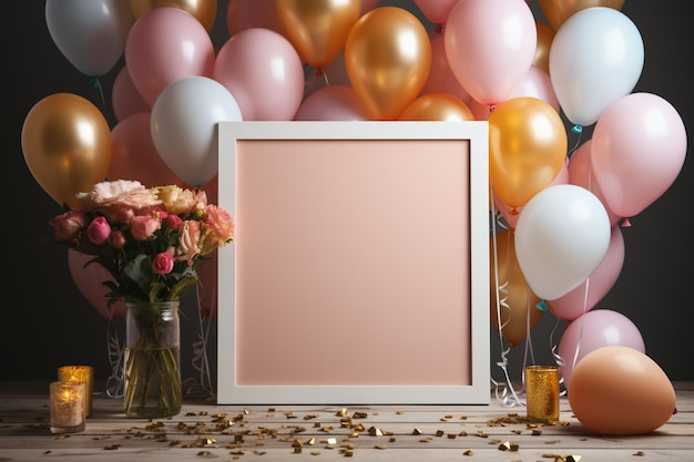 Bovenaanzicht verjaardag mockup frame pastel ballonnen confetti plat leggen