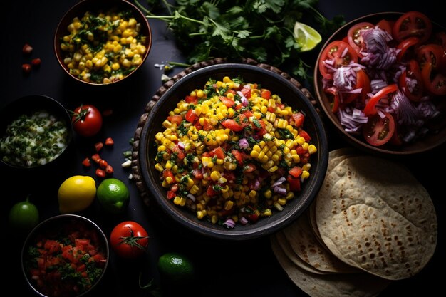 Bovenaanzicht vers Mexicaans eten met chili