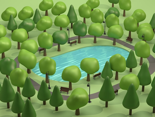 bovenaanzicht vijver in groene parken en veel bomen laag poly 3D-rendering cartoon-stijl