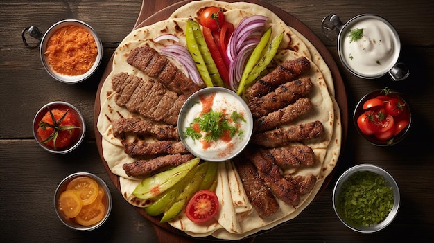 Bovenaanzicht vlees kebab met aardappelen en gegrilde groenten met saus op het bord