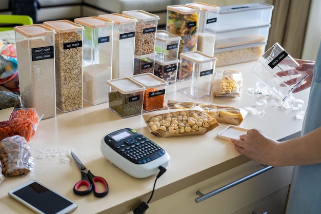 Bovenaanzicht vrouw handen label marker op transparante plastic doos met pasta plakken