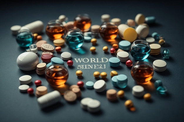 Bovenaanzicht wereldwetenschapsdagarrangement met pillen