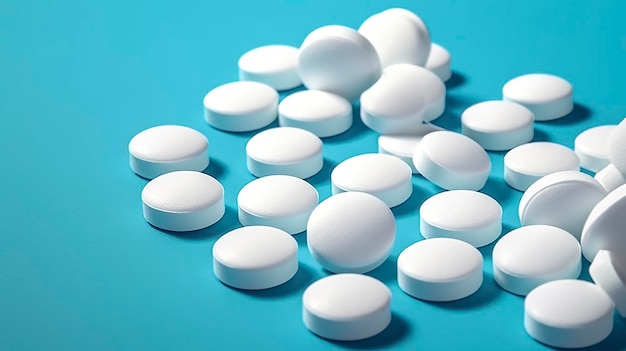 Bovenaanzicht witte medicijntabletten antibioticapillen op een zachte blauwe achtergrond kopie ruimte Apotheek thema AI Generatief