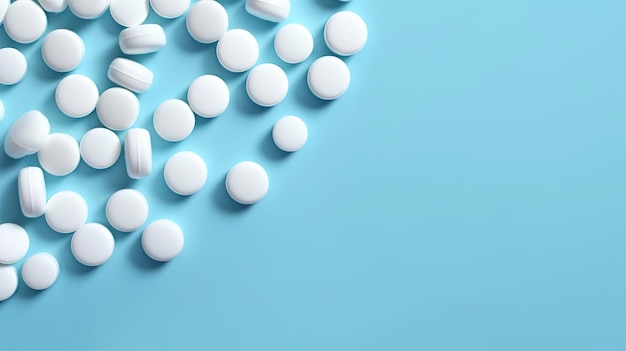 Bovenaanzicht witte medicijntabletten antibioticapillen op een zachte blauwe achtergrond kopie ruimte Apotheek thema AI Generatief