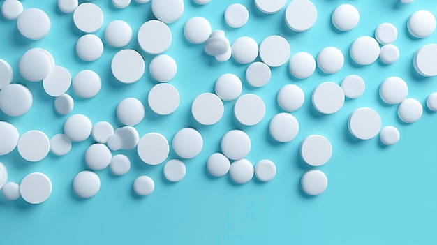 Bovenaanzicht witte medicijntabletten antibioticapillen op een zachte blauwe achtergrond kopie ruimte Apotheek thema AI Generatief