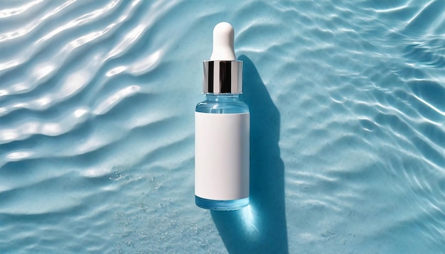 Bovenbeeld blauwe cosmetische fles op het wateroppervlak Platte promotie van cosmetische producten