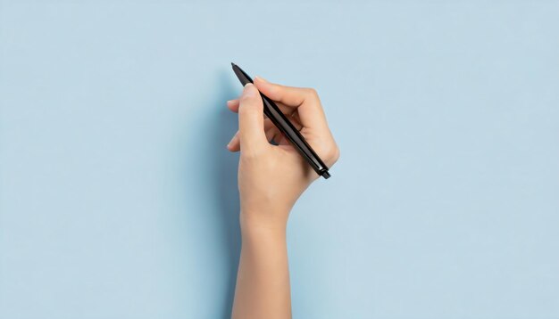 Bovenbeeld close-up eerstepersoonsbeeld van meisjes met een zwarte pen die op blauw begint te schrijven