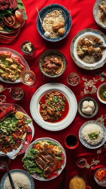 Bovenbeeld een met Chinees eten gevulde tafel op een rode tafel Traditionele Chinese Lunar New Year diner tafel