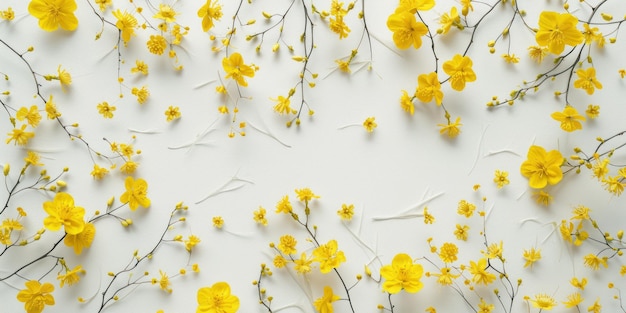 Bovenbeeld gele bloem en takken verspreid op witte achtergrond