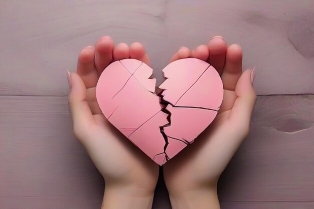 Bovenbeeld hand met roze gebroken hart Paar twee helften tegen