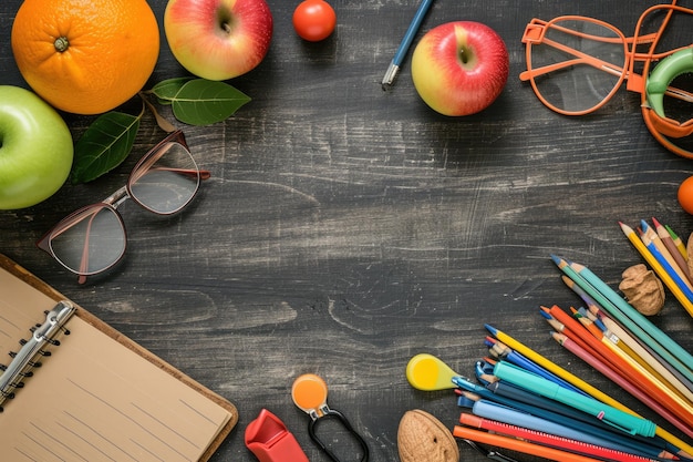 Bovenbeeld kleurrijke schoolbenodigdheden op tafel achtergrond Terug naar school concept Generatieve AI