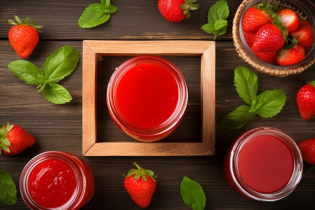 Bovenbeeld van aardbeienjam met verse aardbeien op een houten keukentafel op een blauwe achtergrond