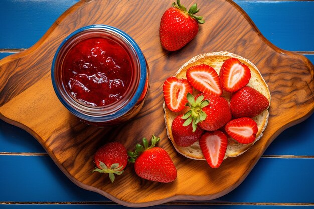 Bovenbeeld van aardbeienjam met verse aardbeien op een houten keukentafel op een blauwe achtergrond