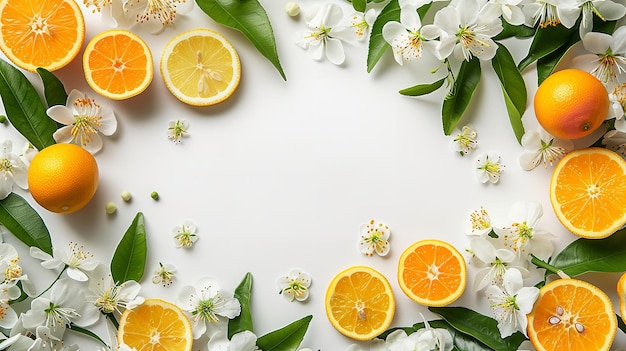 Bovenbeeld van Citrus witte bloem rand met een witte achtergrond met een grote ruimte erin voor tekst of product Generatieve AI