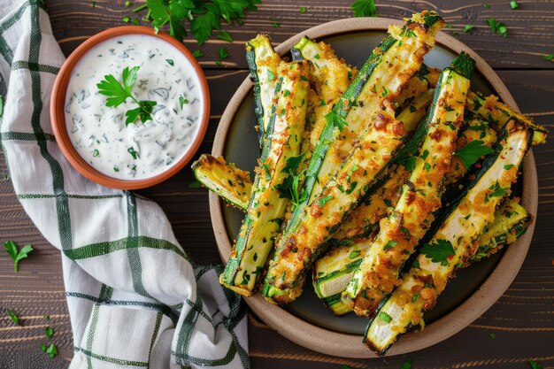 Bovenbeeld van Crispy Zucchini Fries met knoflook yoghurt saus Een heerlijke twist op gebakken stokken