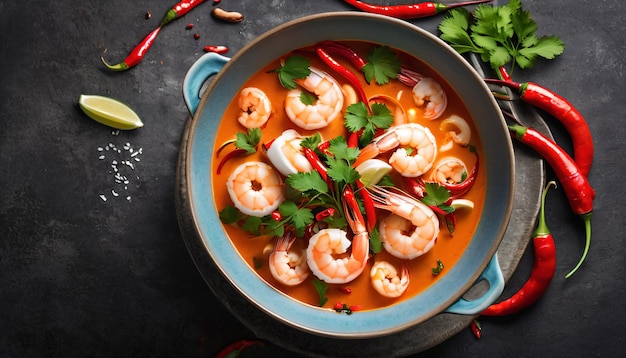 Bovenbeeld van de pittige Tom Yam Kung Thai Soup met garnalen