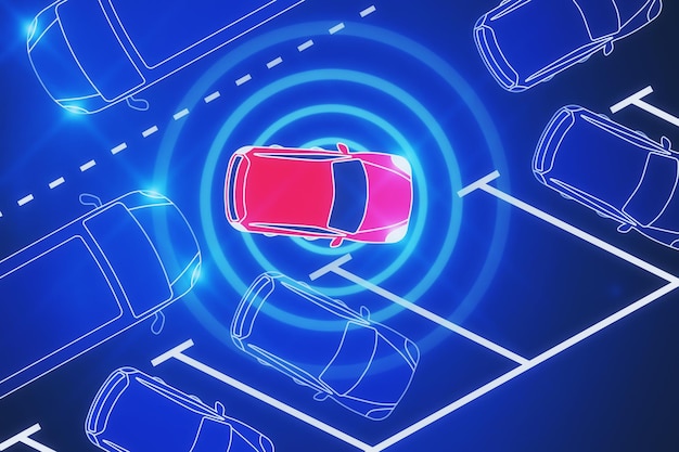 Bovenbeeld van een abstracte rode auto op een digitale blauwe achtergrond Ligging, richting en navigatieconcept 3D-rendering