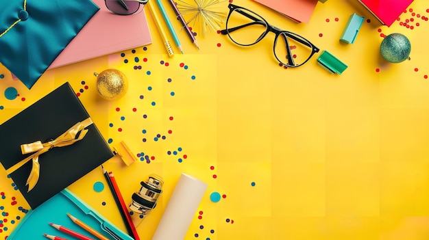 Foto bovenbeeld van een academische zwarte pet op een schone gele achtergrond met bril boeken en confetti met een grote ruimte voor tekst of product generatieve ai