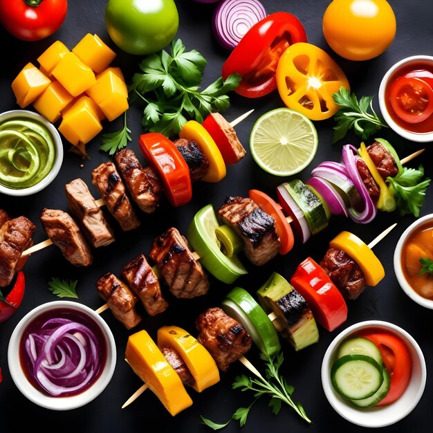 Foto bovenbeeld van een assortiment heerlijke kebabs met groenten en kruiden