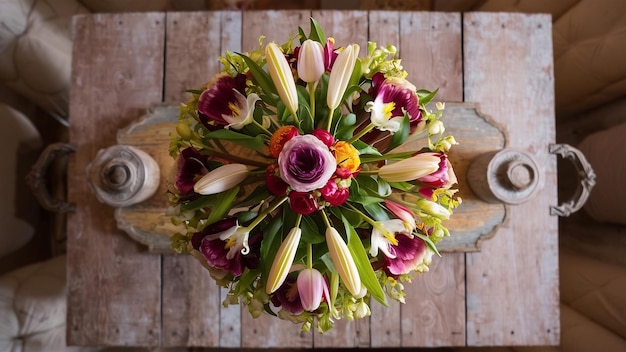 Bovenbeeld van een decoratief boeket op een houten tafel