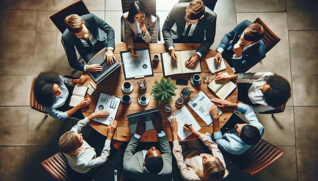 Bovenbeeld van een divers bedrijfsteam dat actief deelneemt aan een strategische planningssessie rond een vergadertafel vol documenten en laptops