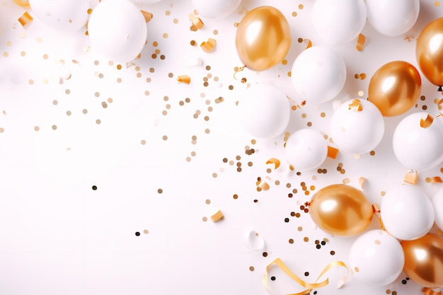 Bovenbeeld van een feestelijke lay-out met witte en gouden ballonnen, confetti en een verjaardagsfeest