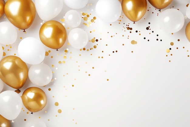 Bovenbeeld van een feestelijke lay-out met witte en gouden ballonnen, confetti en een verjaardagsfeest