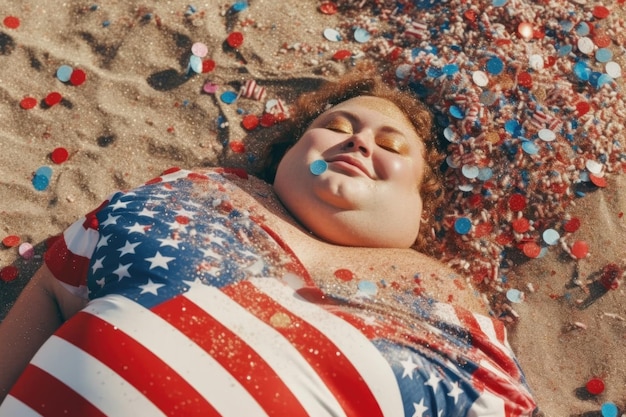 Foto bovenbeeld van een gelukkige overgewicht dikke man die op het strand ligt en amerika viert met de vierde juli.