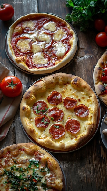 Foto bovenbeeld van een gemengde heerlijke italiaanse pizza met kruiden, specerijen en microgreens