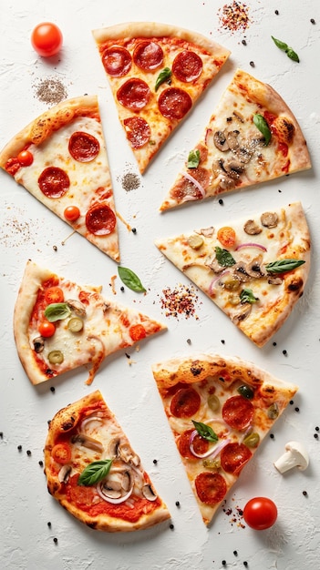 Bovenbeeld van een gemengde heerlijke Italiaanse pizza met kruiden, specerijen en microgreens