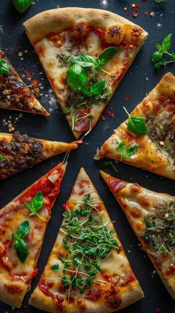 Foto bovenbeeld van een gemengde heerlijke italiaanse pizza met kruiden, specerijen en microgreens
