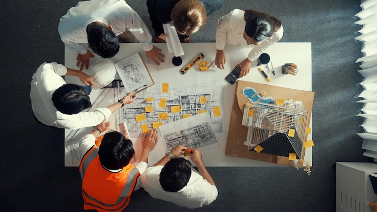 Foto bovenbeeld van een geschoold ingenieursteam dat praat tijdens het bekijken van de voeding van het plan